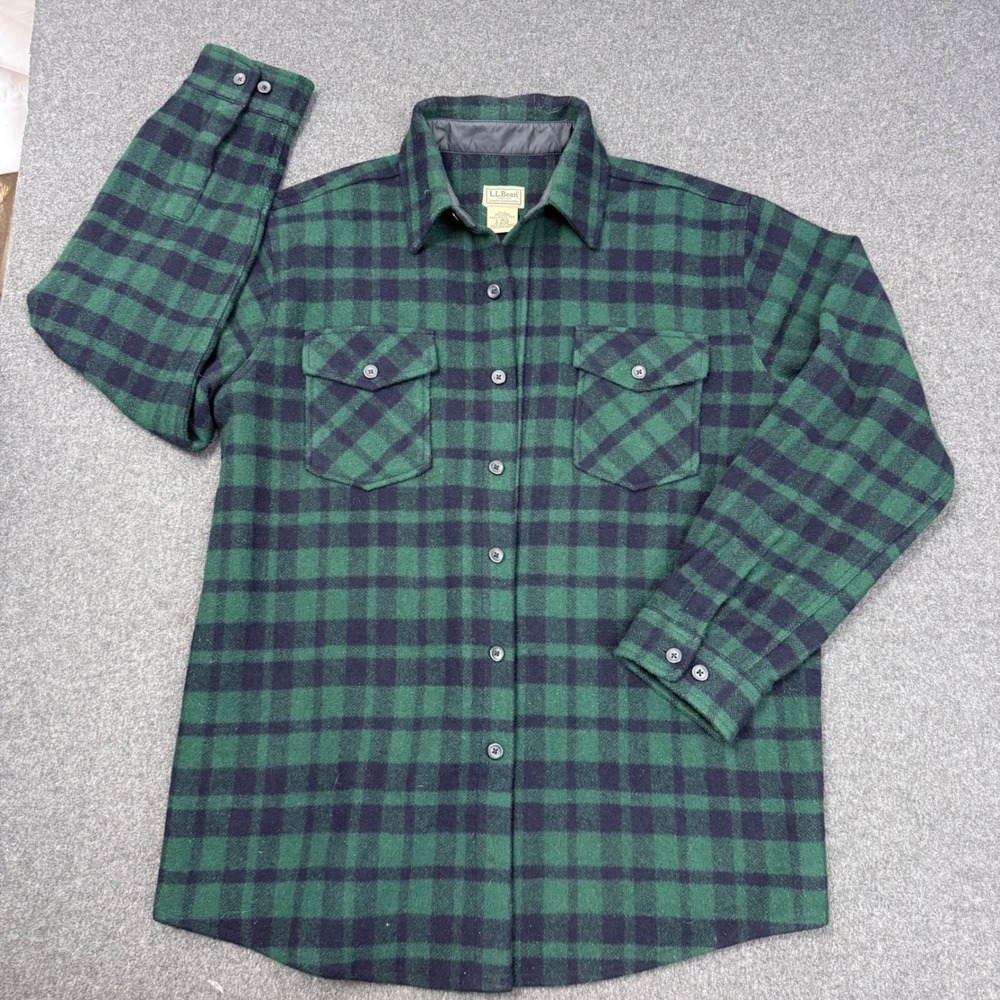 LL Bean Wool Blend Plaid Shirt Jacket Green Black Buffalo Check Large Regular